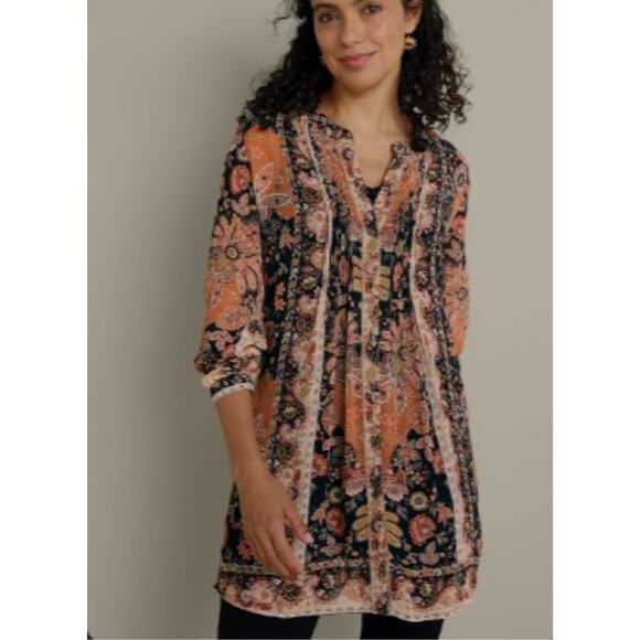 Soft Surroundings Makara Tunic Top L Floral Peasant Long Sleeve Boho Cottage - Picture 1 of 11